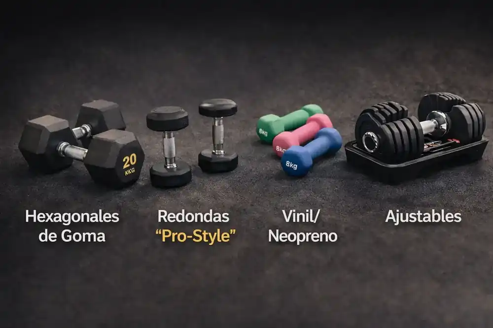 Imagen que muestra diferentes estilos de mancuernas para gimnasio: hexagonales de goma, redondas pro-style, de fundición, de vinil y ajustables. Cada tipo de mancuerna está diseñado para diferentes necesidades de entrenamiento en gimnasios comerciales.