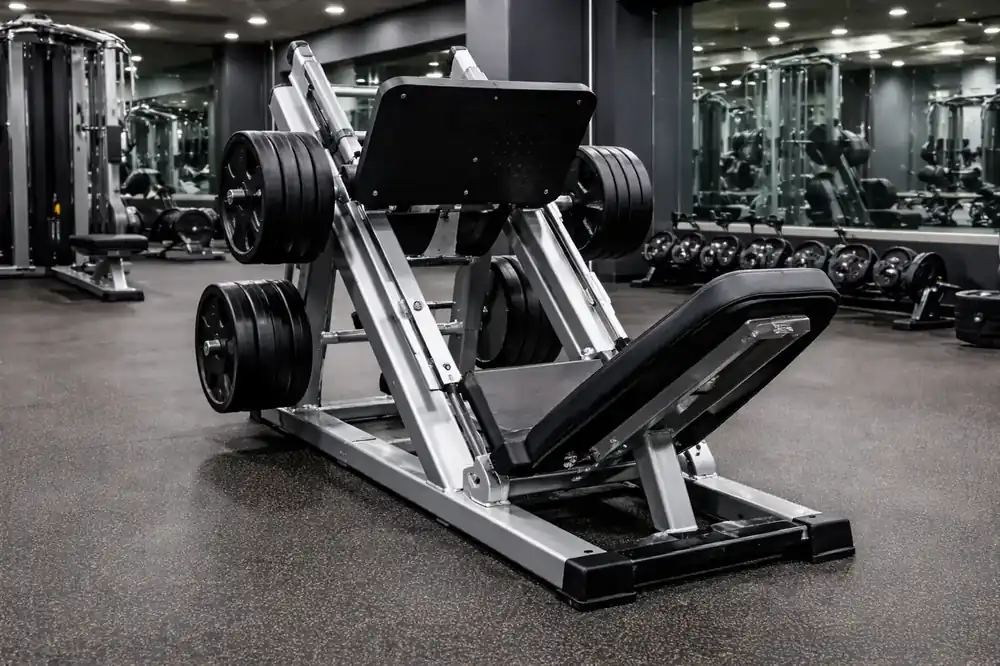 Máquina leg press en gimnasio moderno, con un diseño robusto y cargada con pesas.