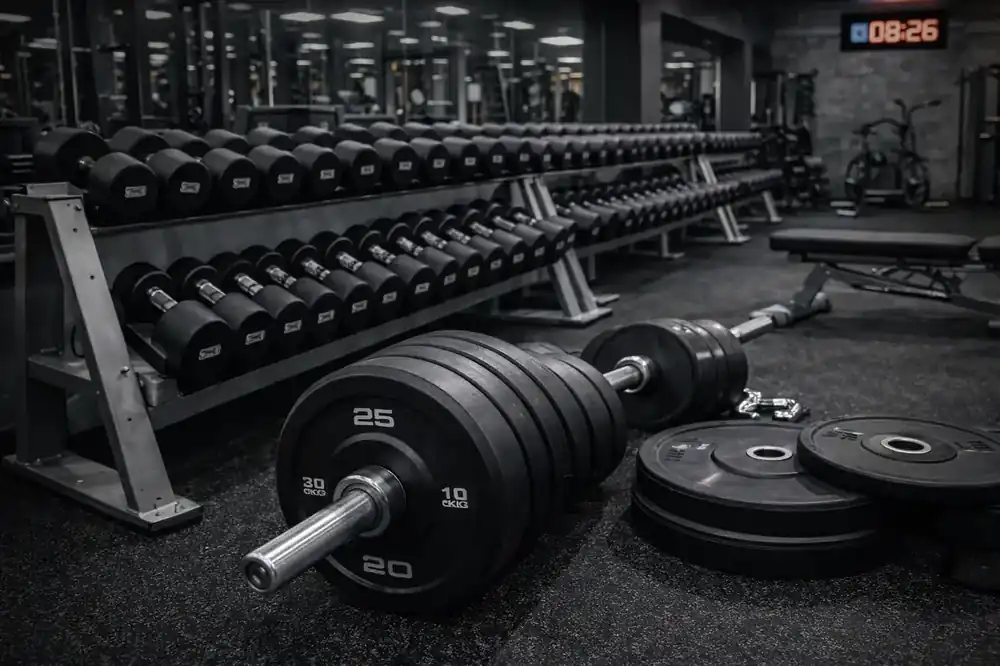 Foto detallada de mancuernas, barras y discos de pesas en una zona bien organizada de un gimnasio, mostrando equipos esenciales para entrenamiento de fuerza.