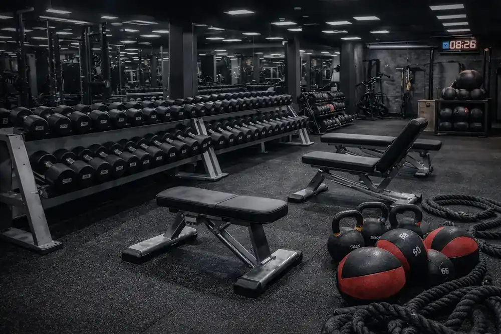 Imagen de un gimnasio que combina pesas y entrenamiento funcional, con un ambiente moderno, iluminado de manera profesional y equipo de alta calidad como mancuernas, kettlebells, slam balls, y más.