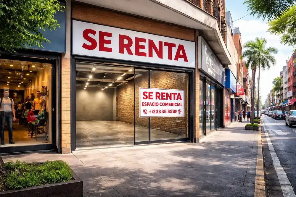 Foto de una calle comercial en una ciudad mexicana, destacando un local vacío que está listo para ser transformado en un gimnasio. Representa la importancia de elegir la ubicación correcta para tu gimnasio.
