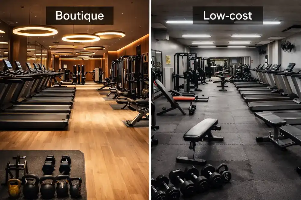 Comparativa visual de un gimnasio boutique de alta gama y un gimnasio low-cost con equipos básicos. Esta imagen resalta las diferencias entre los dos tipos de gimnasios más populares.