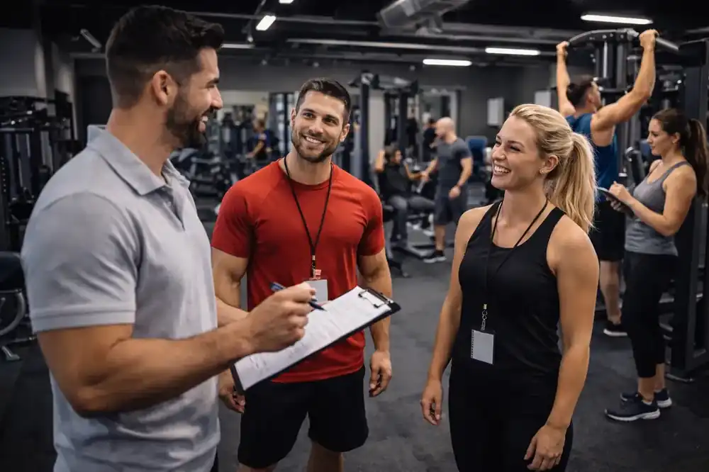 Imagen de un gerente supervisando las operaciones diarias de un gimnasio, con un equipo de trabajo motivado. Esta imagen ilustra la importancia de una buena administración y gestión en el éxito del gimnasio.
