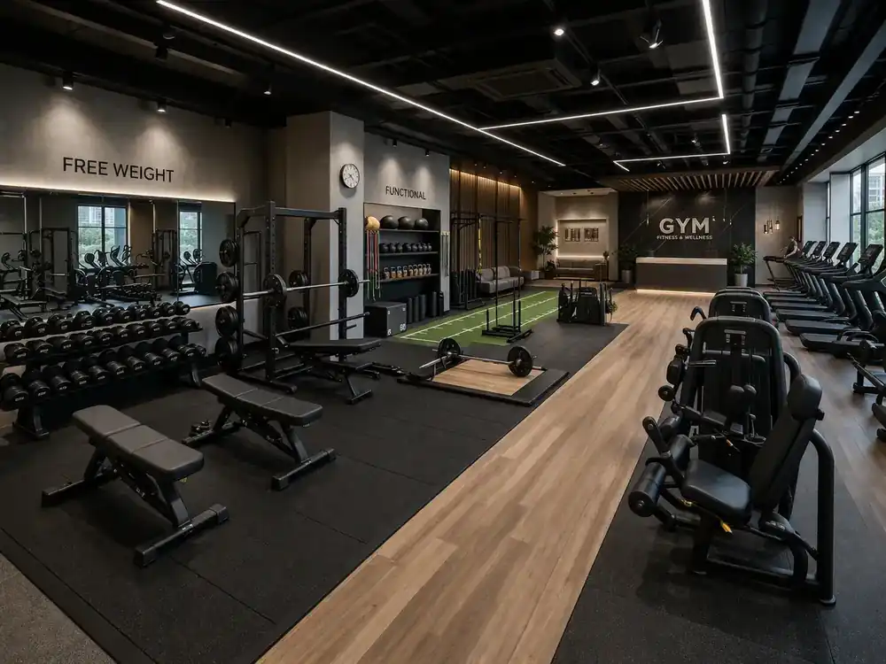 Interior de gimnasio moderno con diseño minimalista, áreas de peso libre, cardio y funcional, bien iluminado, limpio y organizado, creando un ambiente premium y profesional
