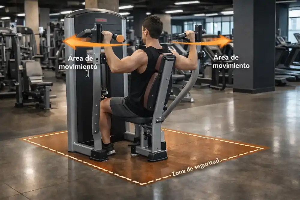 Máquina de gimnasio de press de pecho en uso, mostrando espacio adicional necesario para el movimiento seguro del usuario, con zona de seguridad y flechas indicando área de ejercicio