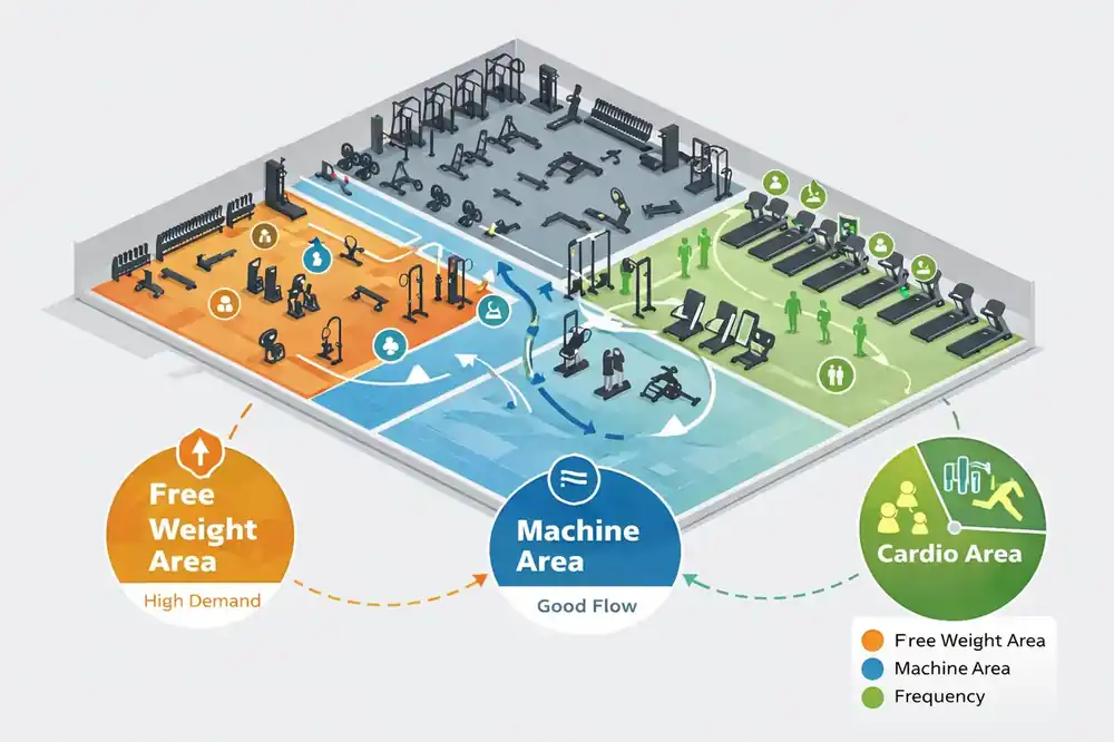 Plano de gimnasio con áreas coloridas diferenciadas: peso libre, máquinas y cardio, mostrando flujo de usuarios y eficiencia del espacio para optimizar rentabilidad.