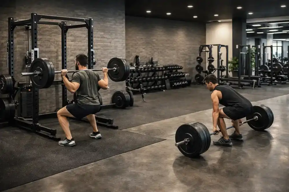 Área de peso libre en gimnasio con racks, barras y discos, mostrando usuarios realizando sentadillas y peso muerto, con espacio amplio y flujo seguro alrededor de los equipos