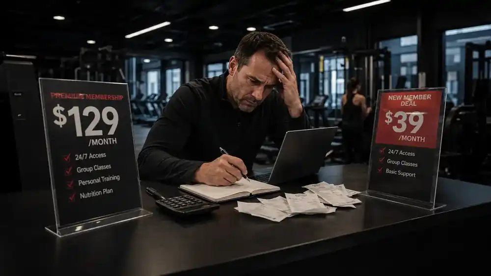Imagen editorial dentro de un gimnasio oscuro y moderno. En el mostrador de recepción, un encargado revisa números con expresión preocupada mientras tiene una libreta, laptop, calculadora y recibos frente a él. A ambos lados aparecen dos anuncios de membresías con precios diferentes, mostrando la tensión de competir bajando precios.