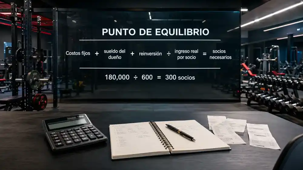 Imagen tipo infografía dentro de un gimnasio moderno. En primer plano hay una mesa con calculadora, libreta abierta, bolígrafo y varios recibos. Al fondo, sobre un panel grande, aparece una fórmula visual del punto de equilibrio que explica cómo calcular cuántos socios necesita el gimnasio para cubrir sus costos.