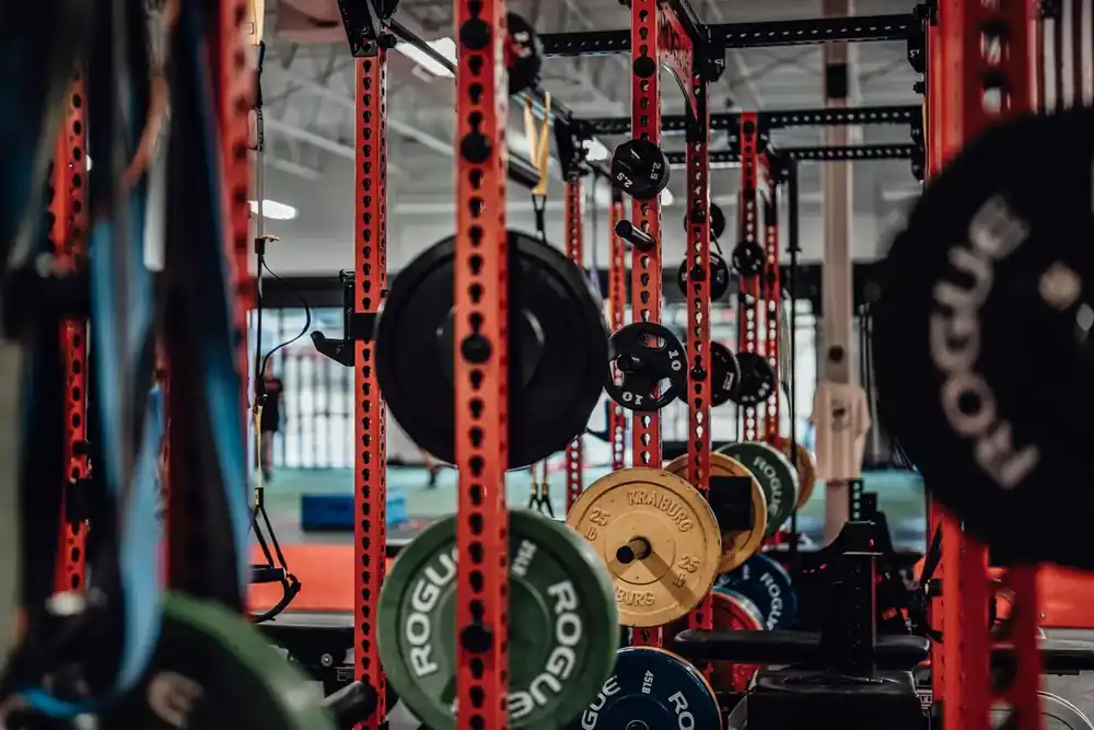Racks, discos y equipo de fuerza organizados en una zona de entrenamiento funcional.