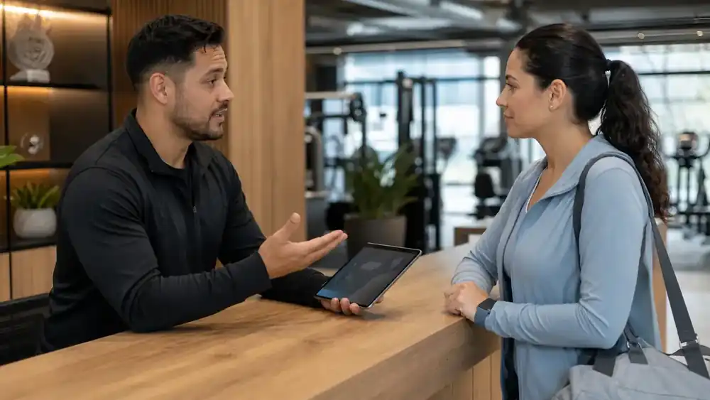 Asesor de gimnasio explicando opciones de membresía a una prospecta mediante una tableta.