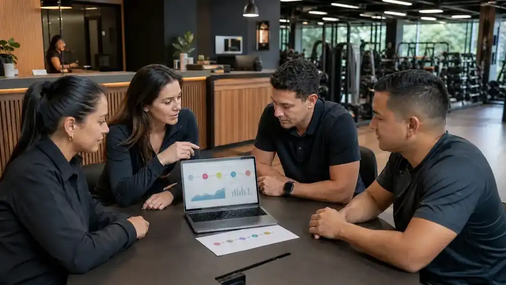 Equipo de un gimnasio revisando información comercial y procesos internos en una computadora.
