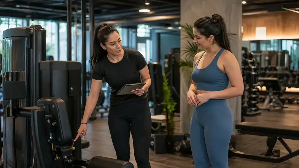 Entrenadora explicando a una nueva socia cómo ajustar una máquina durante su inducción.