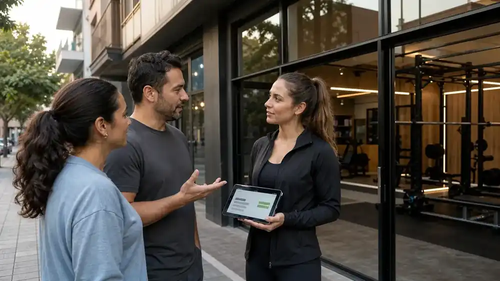 Gerente de gimnasio conversando con residentes para conocer sus necesidades antes de la apertura.