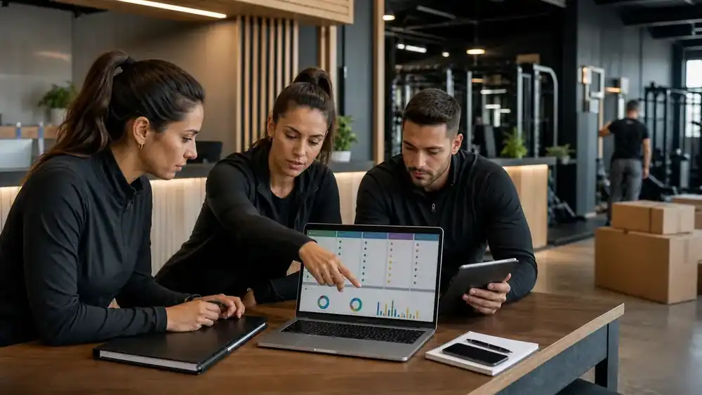 Equipo de un gimnasio revisando contactos, visitas y preventas antes de la inauguración.