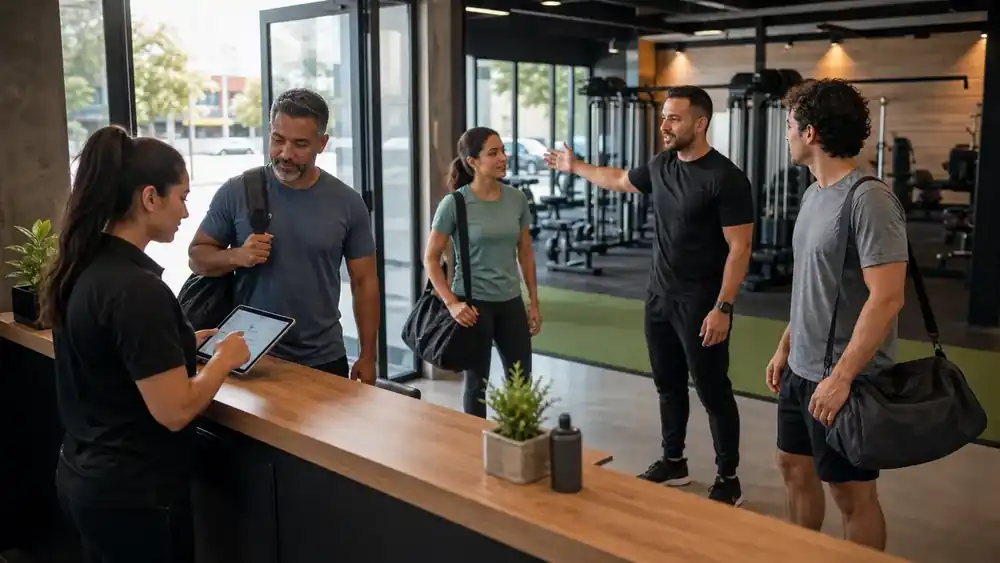 Personal de gimnasio recibiendo y orientando a los primeros socios durante la apertura.