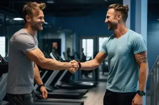 Colaborador saluda a un socio habitual dentro de las instalaciones del gimnasio.